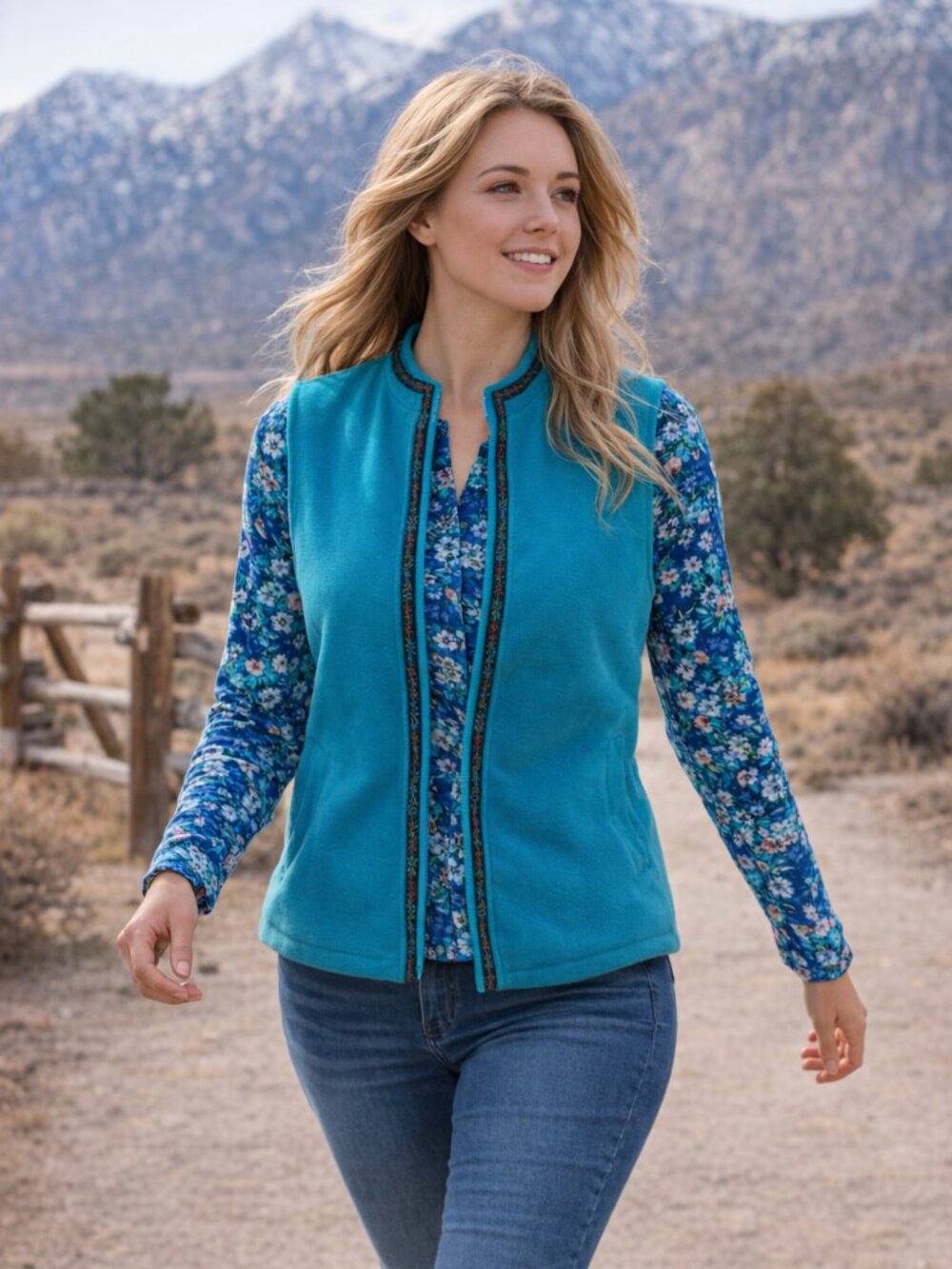 Susan Graver‎ Embroidered Women 2X Turquoise Fleece Vest Full Zip Preppy Sporty